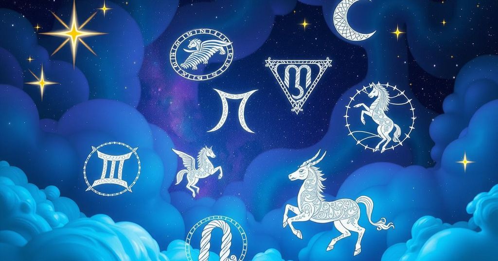 A celestial illustration of zodiac signs surrounded by stars and astrological symbols in calming blues and purples.