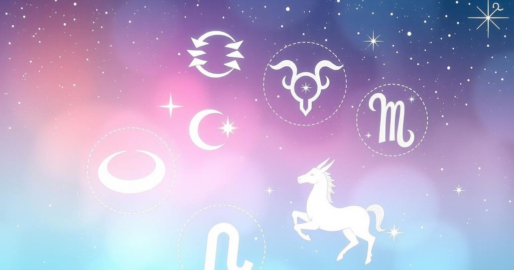 A calming celestial scene depicting zodiac symbols in a celestial background with soft pastel colours.
