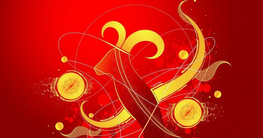A vibrant red background with abstract golden patterns representing Aries characteristics and energy.
