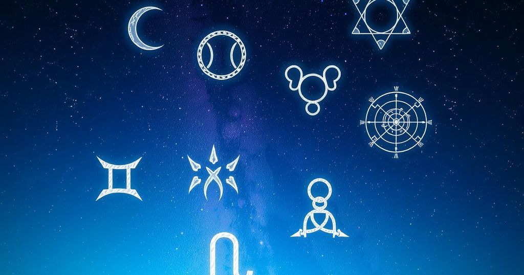 A symbolic representation of astrological signs and their connections in a starry night sky.