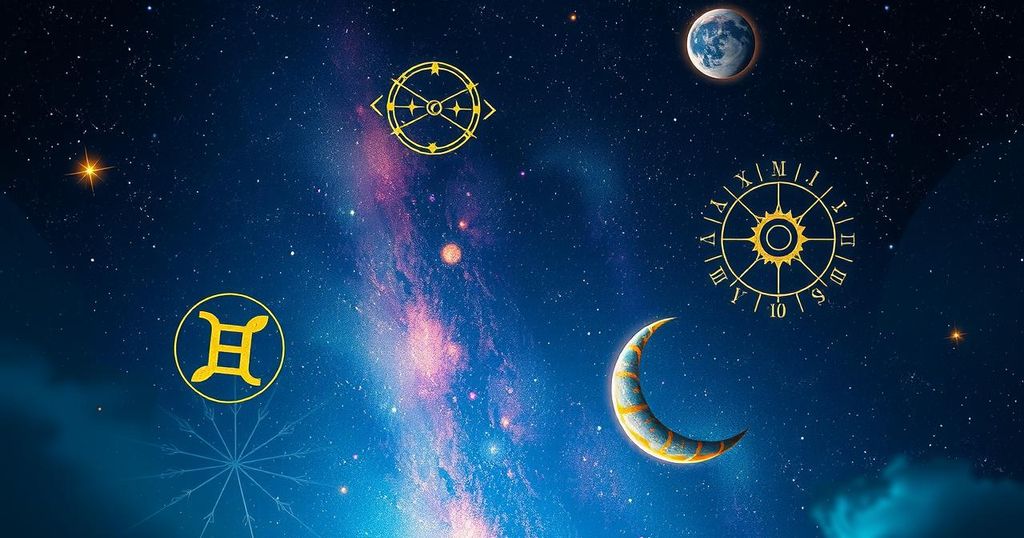 Astrological symbols under a night sky with stars and planets, representing zodiac influences and cosmic connections.