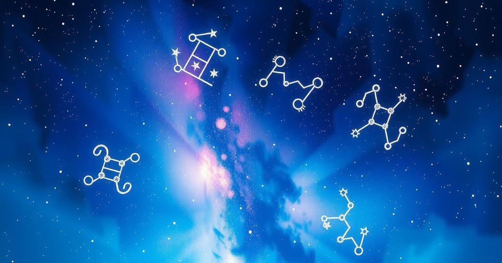 Starry night sky with zodiac constellations, vibrant colours and mystical elements reflecting astrological insights.