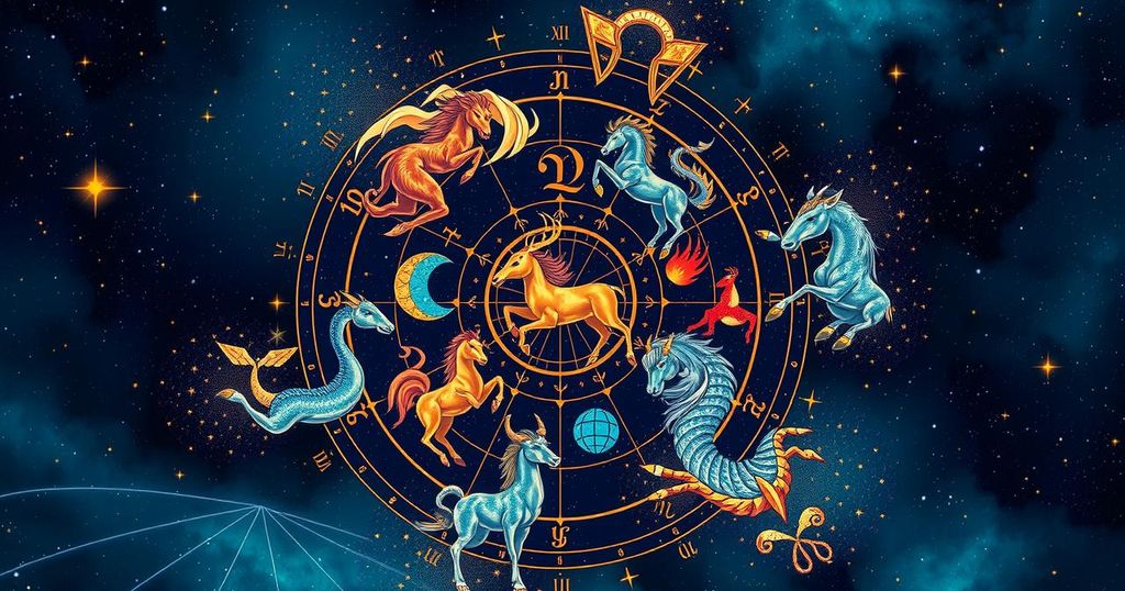 Colourful zodiac symbols representing daily astrology and predictions for each sign.