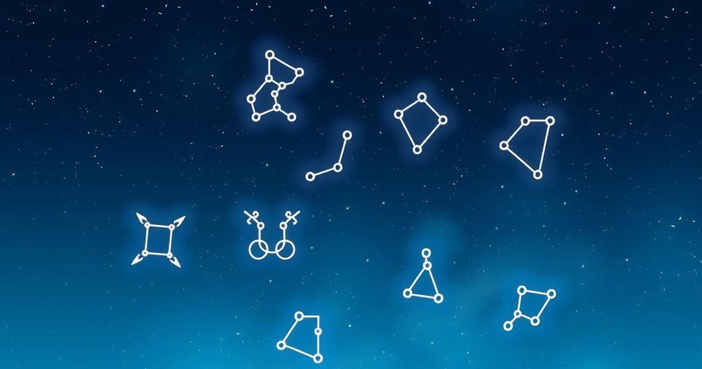 A serene cosmic landscape with twelve distinct zodiac constellation figures against a starry night sky.