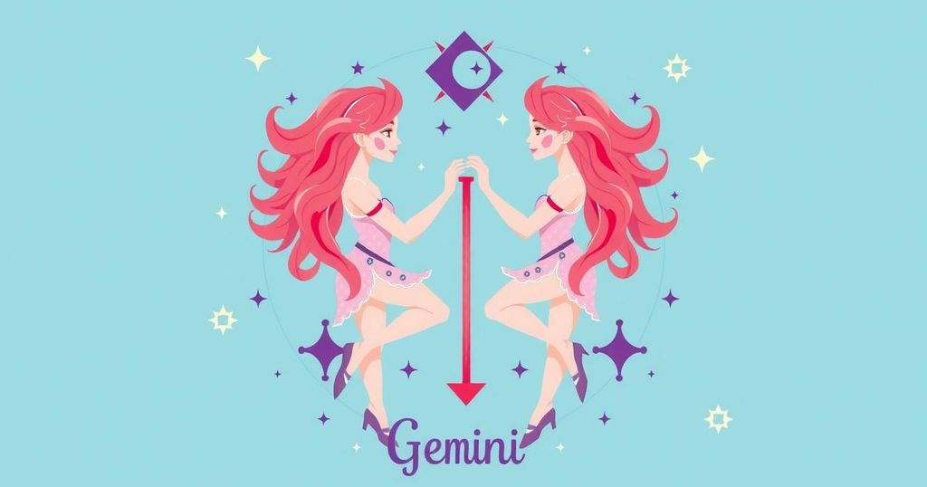 A vibrant illustration representing the zodiac sign Gemini with symbolic astrological elements