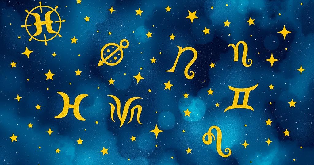 Stylised zodiac symbols in cosmic surroundings, with vibrant colours reflecting astrological energies.
