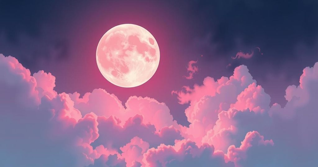A serene night sky featuring a large, luminous pink moon surrounded by soft clouds and a gentle glow.
