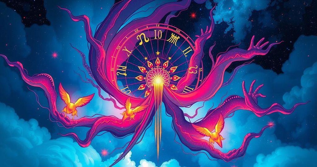 Illustration of zodiac symbols in a celestial background, featuring vibrant colours to represent astrological energies.