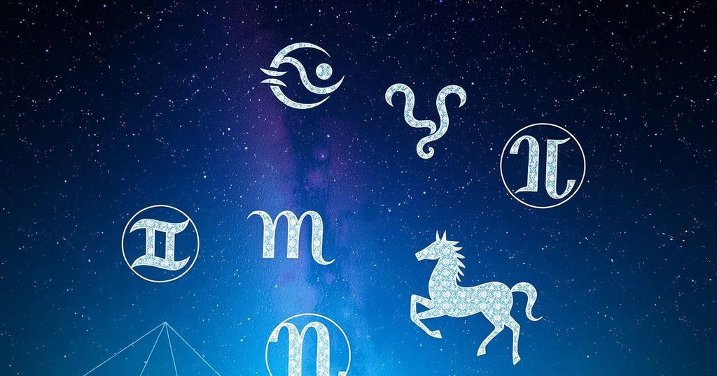 Astrology-themed illustration featuring zodiac symbols and constellations in a mystical night sky.