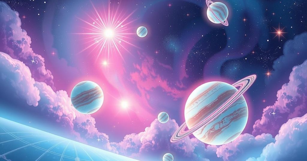 Celestial themed illustration depicting planets, stars, and vibrant cosmic elements representing love horoscopes.