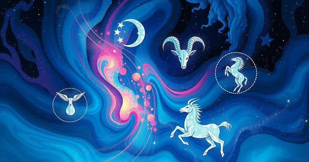 Astrological representation with zodiac symbols and cosmic background, showcasing career growth and opportunities.