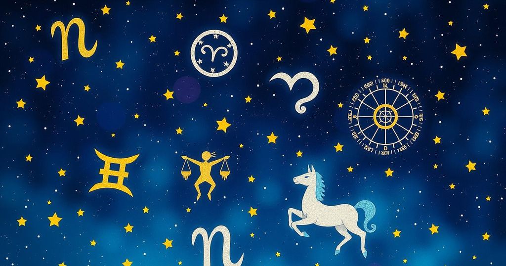 Astrological symbols featuring zodiac signs on a starry background, embodying clarity and intuition for each sign.