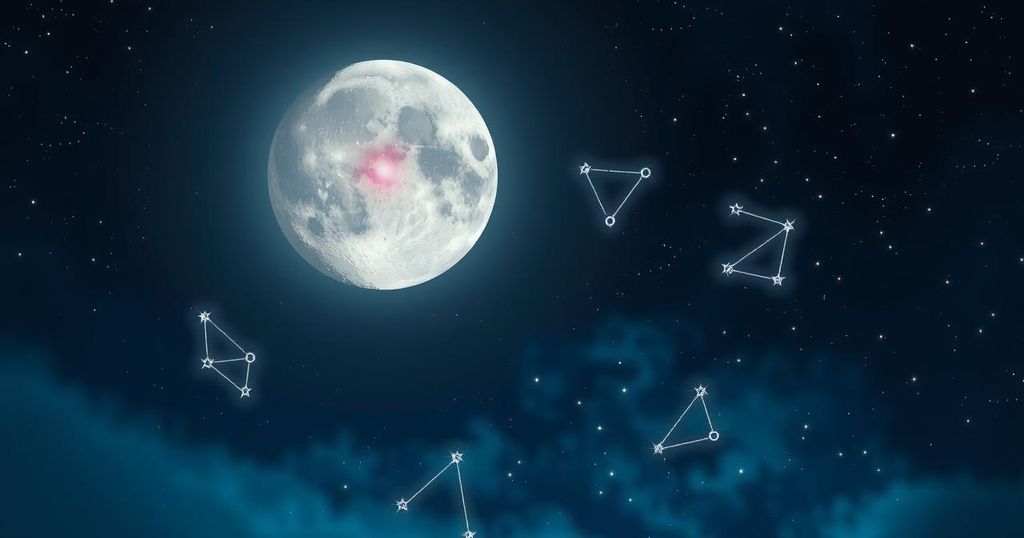 Celestial scene featuring a full moon in Libra with starry night sky and zodiac constellations.