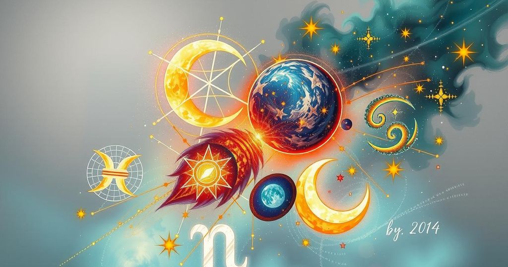Astrological symbols in a vibrant cosmic scene, featuring light grey, saffron, and green hues for zodiac signs.