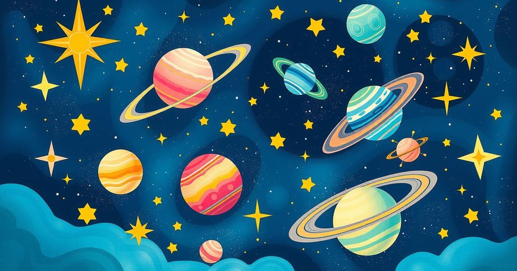 A vibrant celestial scene depicting cosmos with bright stars and planets, conveying positive energy and connection.