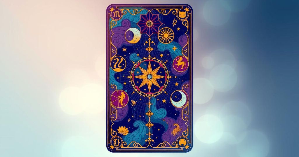 A stylised tarot card featuring various zodiac symbols and intriguing designs in a vibrant colour palette.