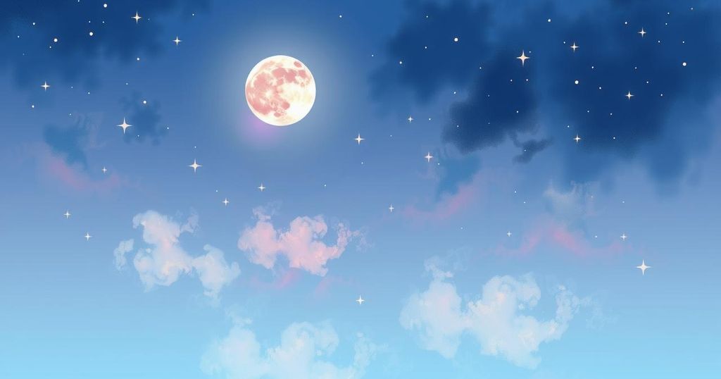 A celestial scene featuring a shining new moon in a starry night sky, with twinkling stars and soft pastel colours.
