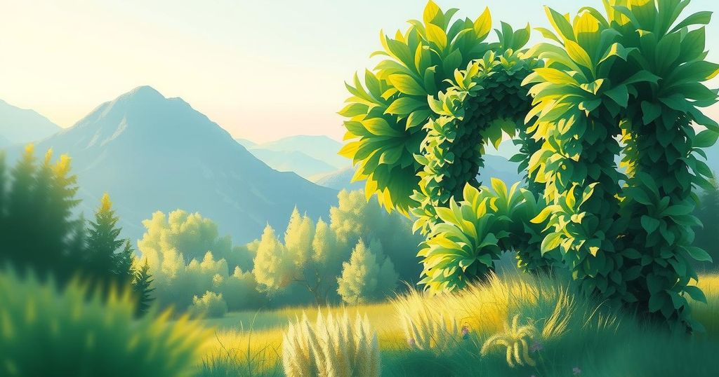 A serene outdoor scene with lush greenery, hinting at creativity and personal growth, in soft pastel colours.