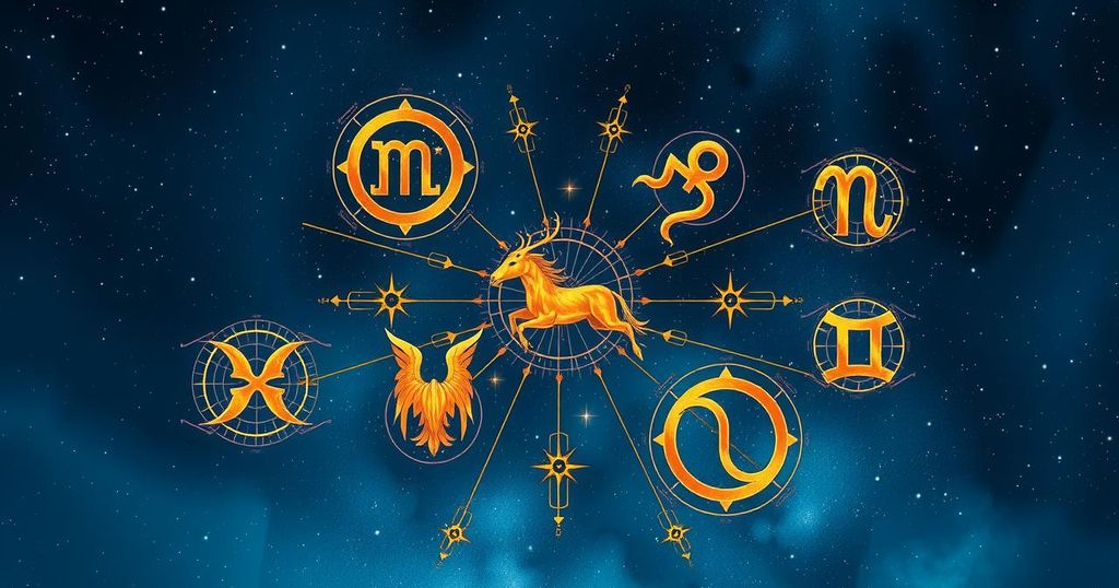 Zodiac signs depicted with cosmic symbols surrounded by a palette of deep blues and vibrant golds, embodying mystical energy.