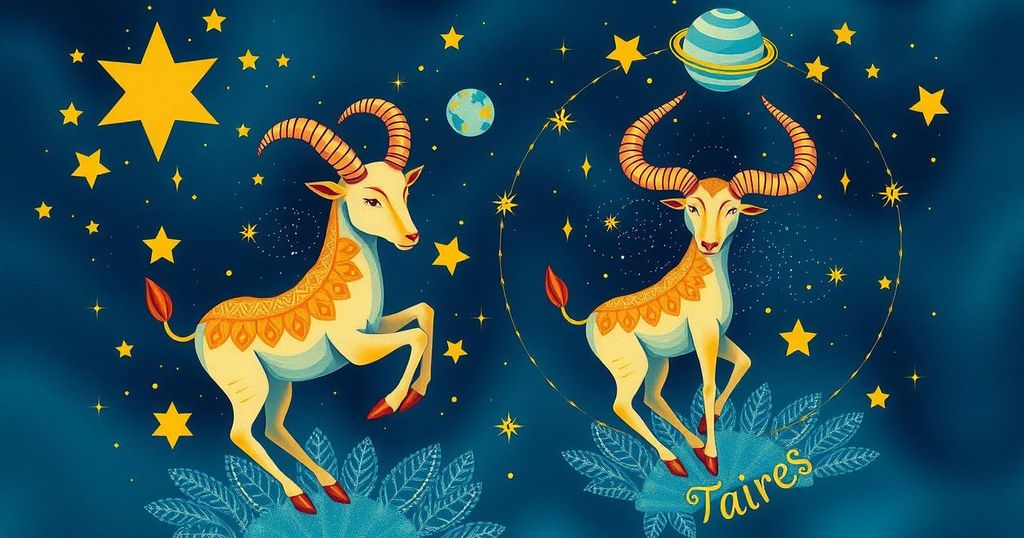 A vibrant cosmic scene showing Aries and Taurus as lucky zodiac signs with stars and planets in a celestial backdrop.