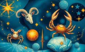 Astrological symbols with creative and dreamy elements, in a cosmic blue and gold theme.