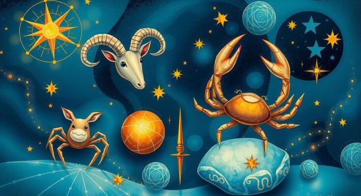 Astrological symbols with creative and dreamy elements, in a cosmic blue and gold theme.