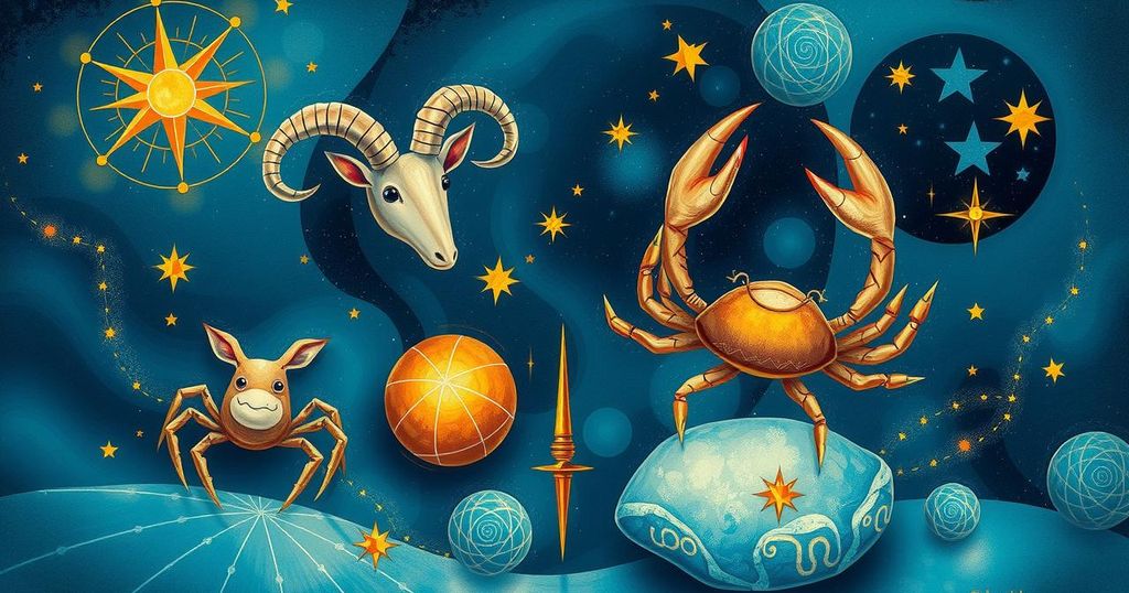 Astrological symbols with creative and dreamy elements, in a cosmic blue and gold theme.