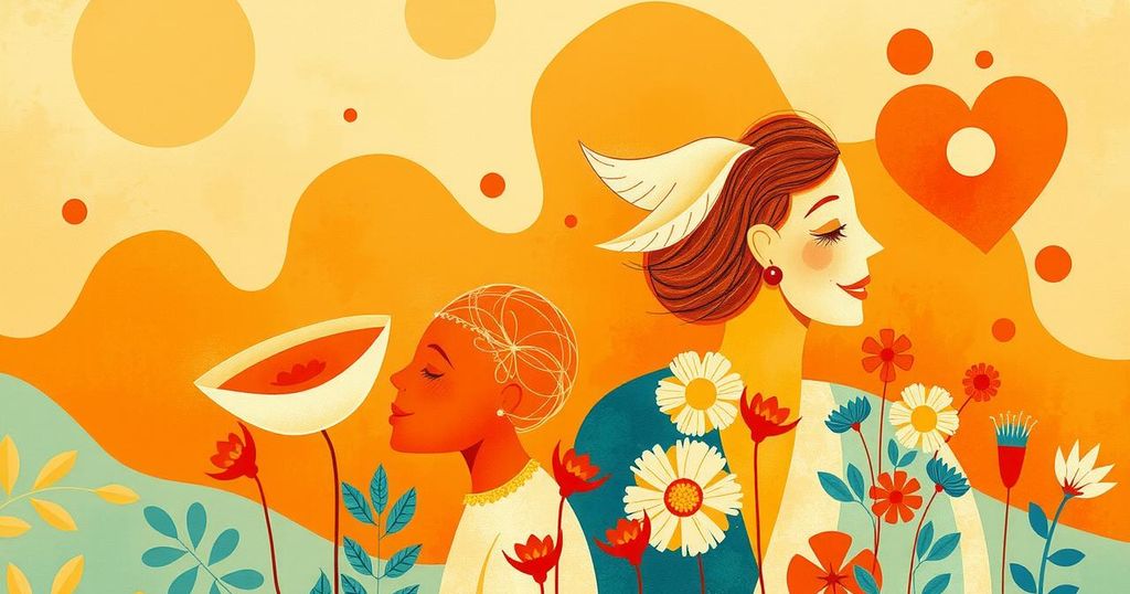 A colourful illustration symbolising happiness and positivity, featuring bright oranges and warm hues.