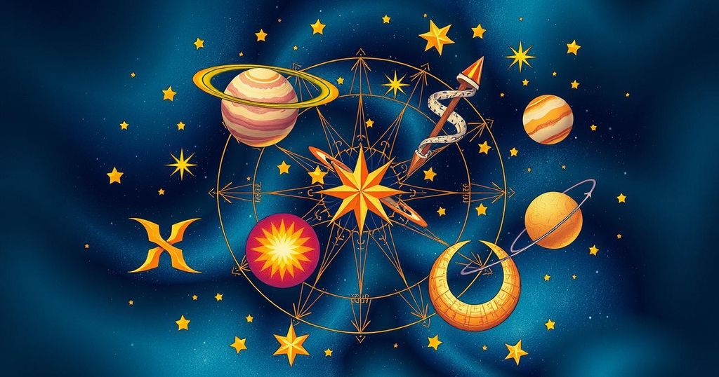 Astrological symbols with celestial bodies in vibrant colours reflecting the week's zodiac forecast concept