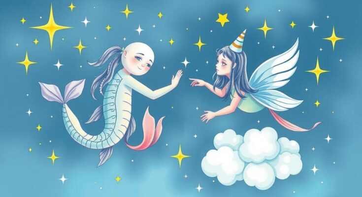 A mystical illustration of the zodiac signs Pisces and Gemini, featuring celestial elements and a dreamy colour palette.