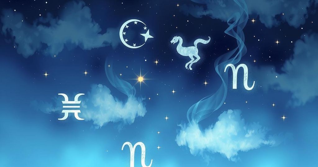 A serene astrological scene with zodiac symbols and calming starry night background in soft blues and purples.