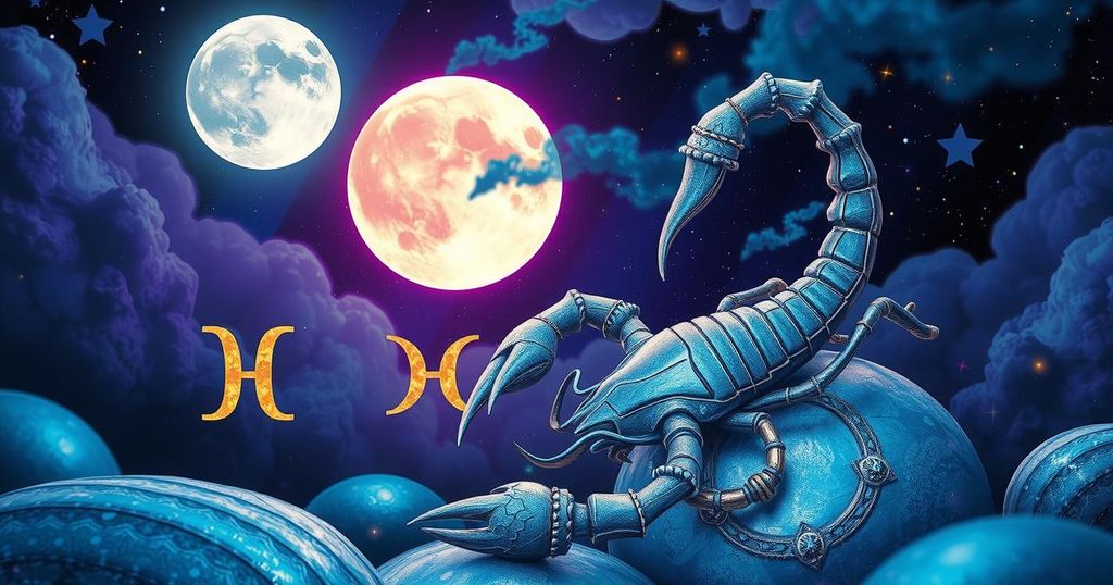 Astrological symbols, a full moon in Scorpio, vibrant colours reflecting emotions, and celestial elements in a dreamy style.
