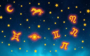 A captivating celestial scene with zodiac symbols in the night sky, set against a gradient of deep blue and gold hues.