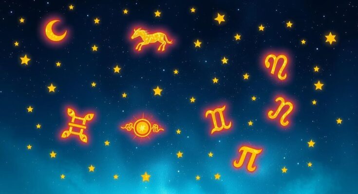 A captivating celestial scene with zodiac symbols in the night sky, set against a gradient of deep blue and gold hues.