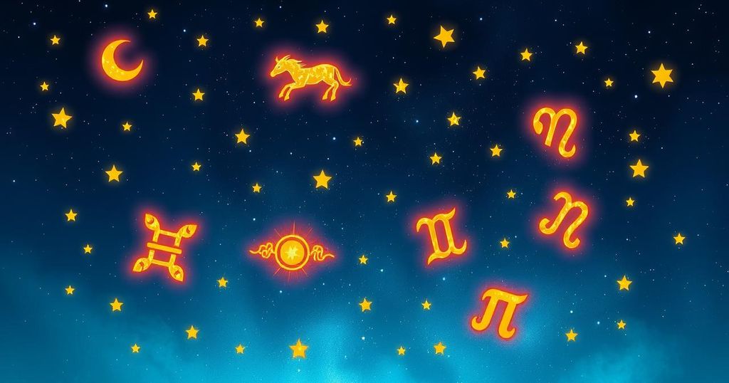 A captivating celestial scene with zodiac symbols in the night sky, set against a gradient of deep blue and gold hues.