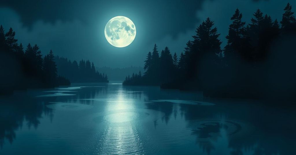 A serene night sky with a radiant full moon shining over calm waters and silhouetted trees, reflecting harmony.