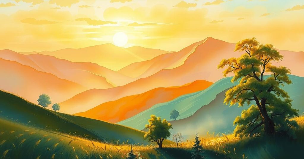 A serene landscape featuring soft saffron hues under a calm sky, symbolising positivity and growth.