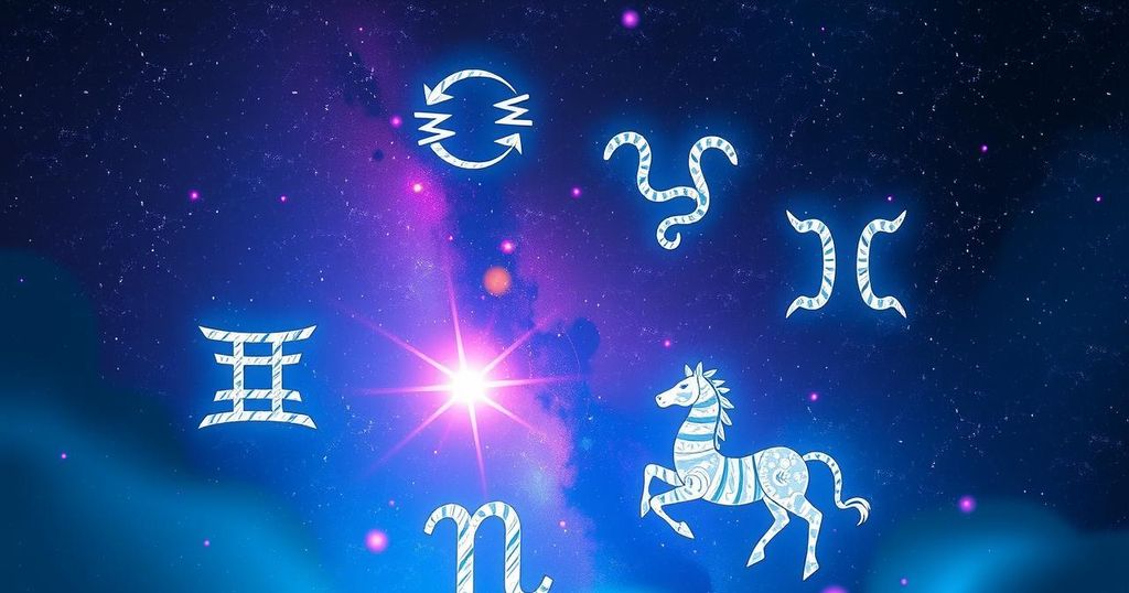 Astrological symbols surrounded by a cosmic backdrop, featuring various zodiac signs against deep blue and purple hues.
