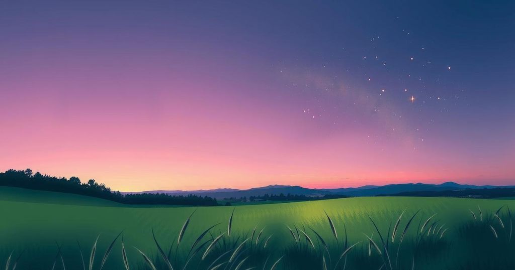 A serene landscape depicting a calm field under a twilight sky, with stars beginning to twinkle.