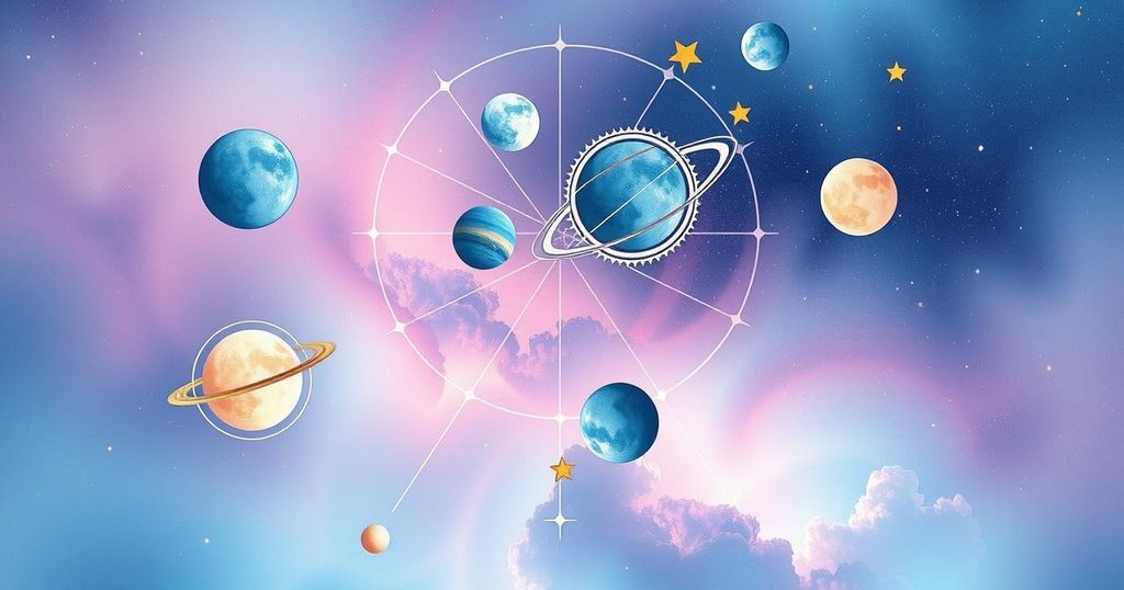 Astrological symbols and planets in a celestial background for weekly horoscope interpretation.