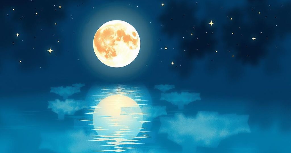 A serene night sky with a glowing moon above tranquil water, representing intuition and cosmic connection.