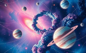 A vibrant cosmic scene illustrating celestial bodies symbolising love, change, and emotional alignment for zodiac signs.