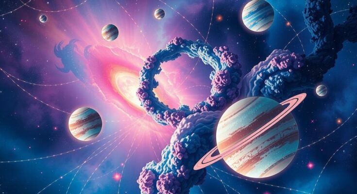 A vibrant cosmic scene illustrating celestial bodies symbolising love, change, and emotional alignment for zodiac signs.