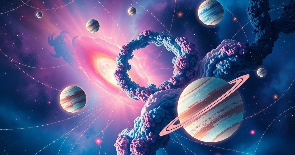 A vibrant cosmic scene illustrating celestial bodies symbolising love, change, and emotional alignment for zodiac signs.