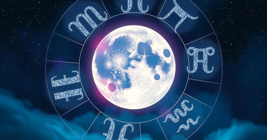 Cosmic illustrations with zodiac signs, featuring a full moon and starry night in deep blues and purples.