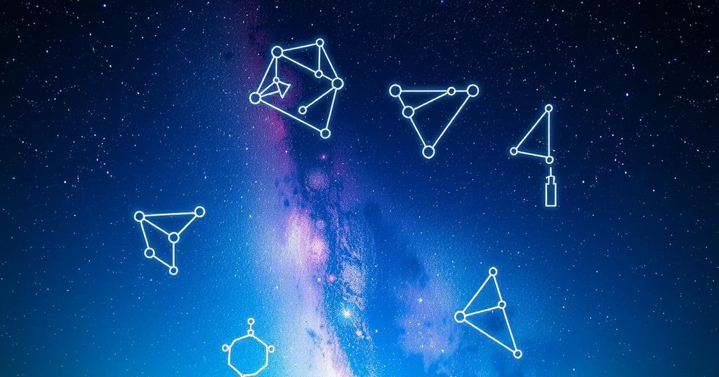A starry night sky with zodiac constellations shining brightly amidst swirling cosmic colours of blue and purple
