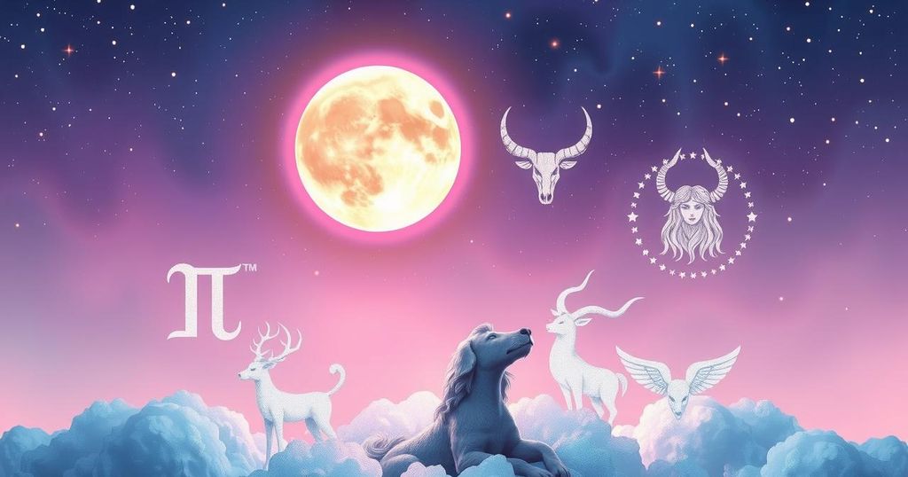 Celestial scene featuring zodiac symbols with a Leo moon and vibrant starry background in pastel colours.