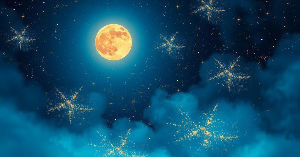 A celestial scene depicting stars and a glowing new moon surrounded by vibrant hues of blue and gold.