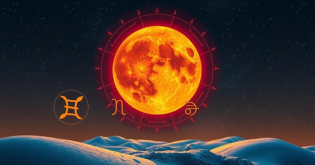 A serene cosmic scene featuring a glowing fire moon and celestial symbols representing zodiac signs.