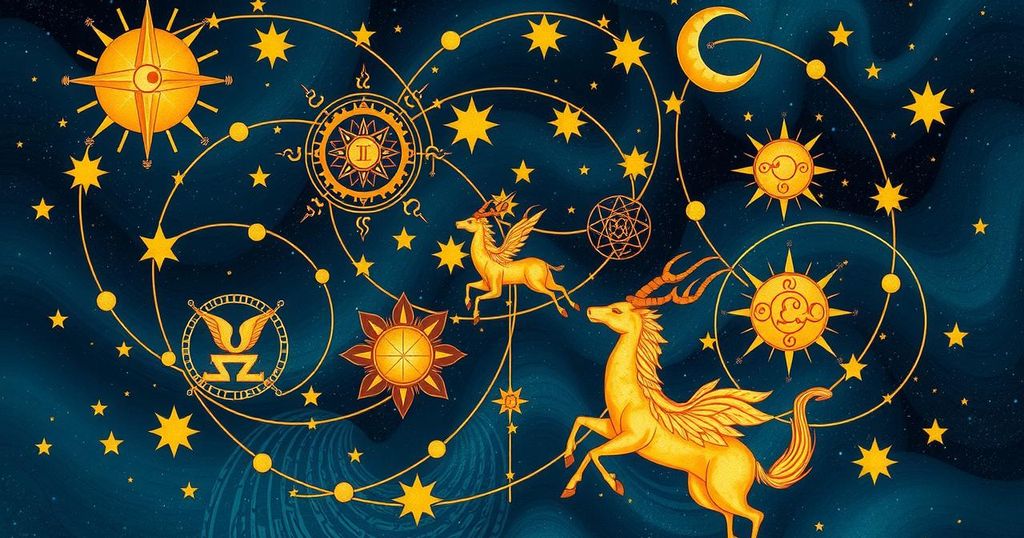 Zodiac symbols with a celestial backdrop showcasing astrology themes for daily horoscopes.